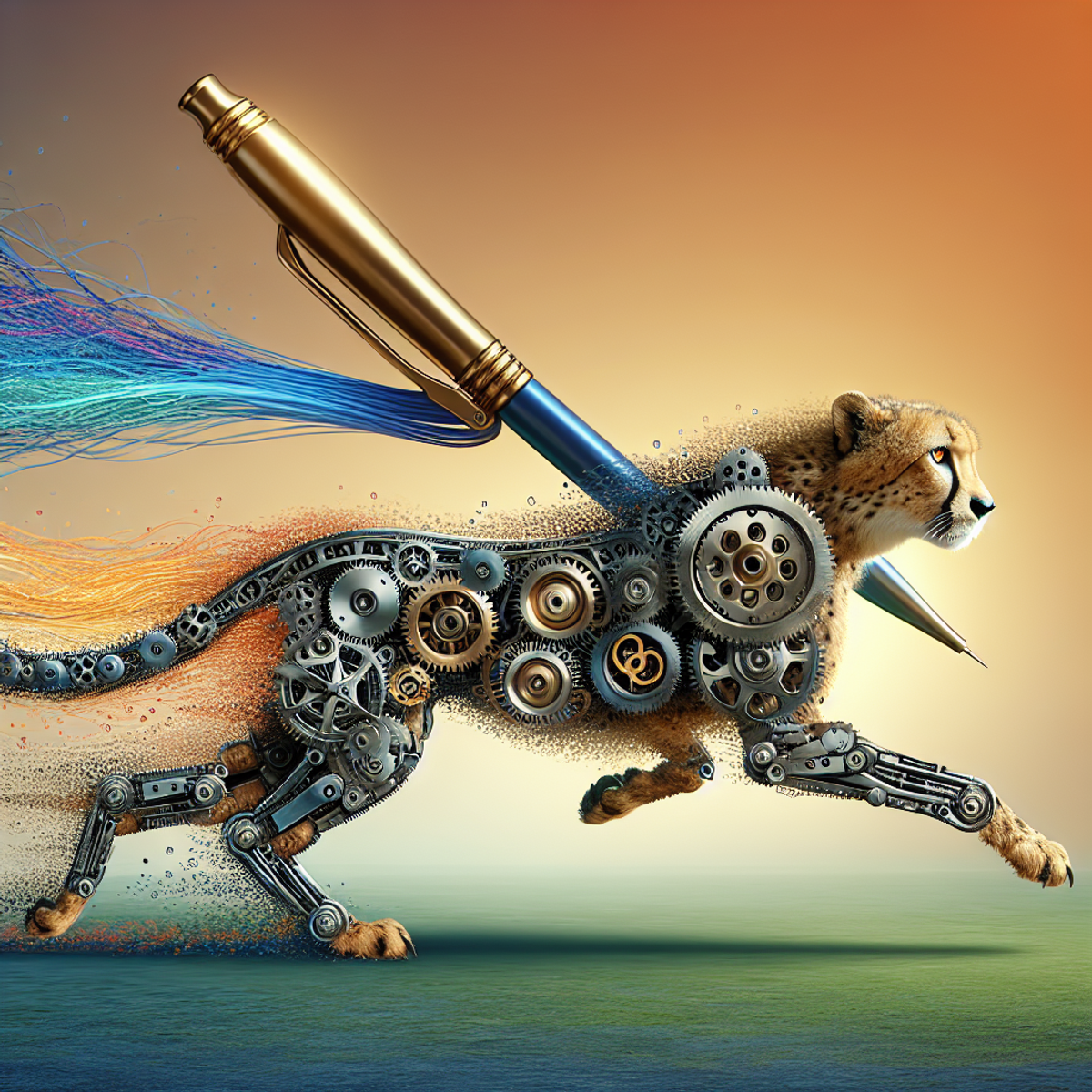 A mechanical cheetah running with a golden key on its back, leaving a colorful trail.