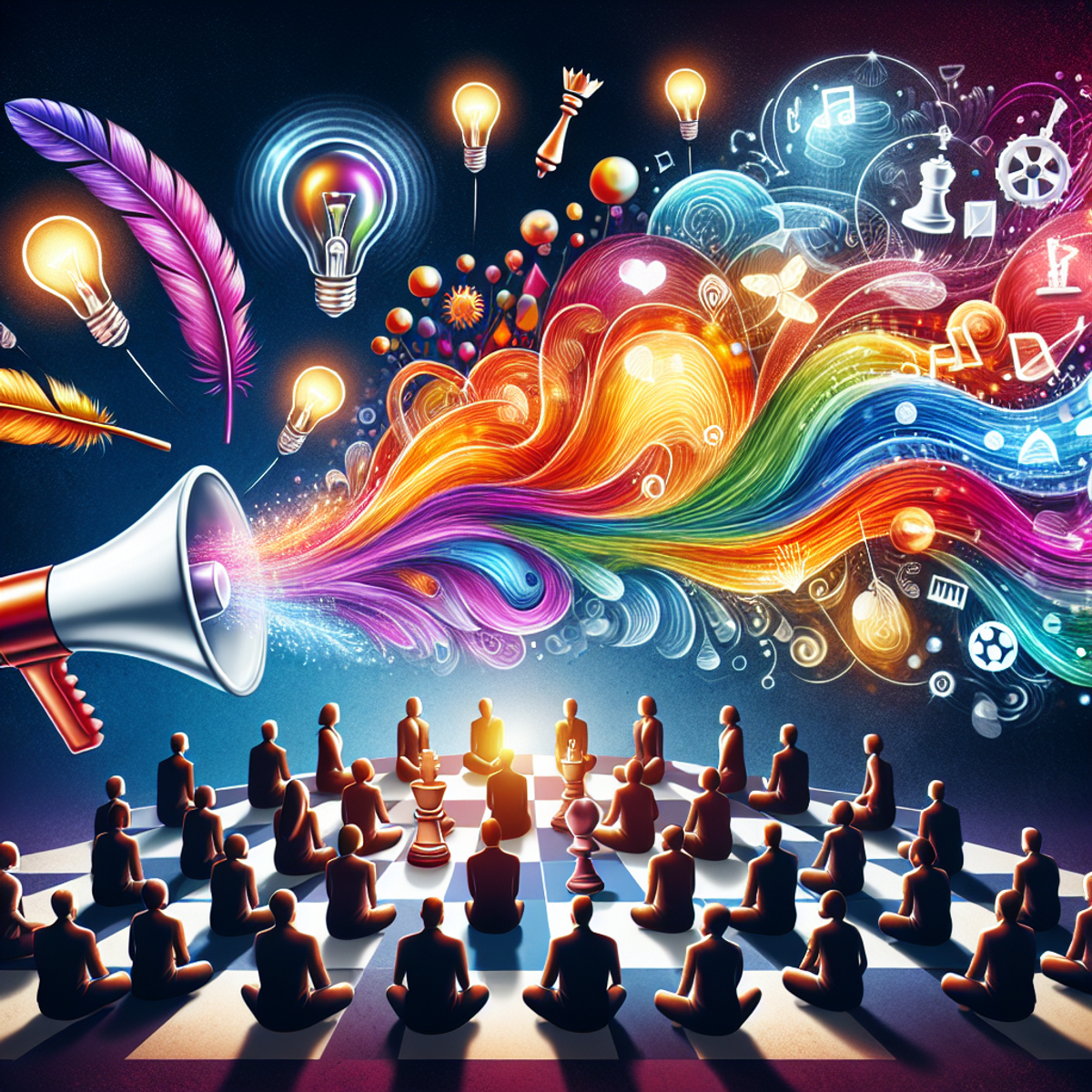 A shiny megaphone delivers colorful waves to an attentive crowd of people, with glowing light bulbs above their heads. A feathered quill, chess piece, and bridge represent finesse, strategy, and bridging the gap in PR writing.