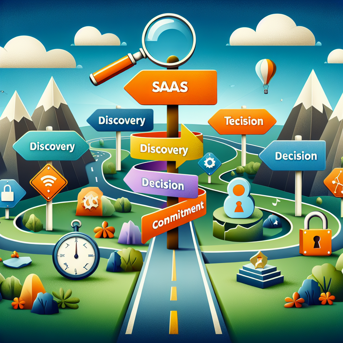 Alt text: Conceptual image representing the SaaS buyer's journey with multicolored arrows pointing in different directions, symbolic objects like a magnifying glass, weighing scale, and locked padlock, set in a landscape suggesting a long journey.